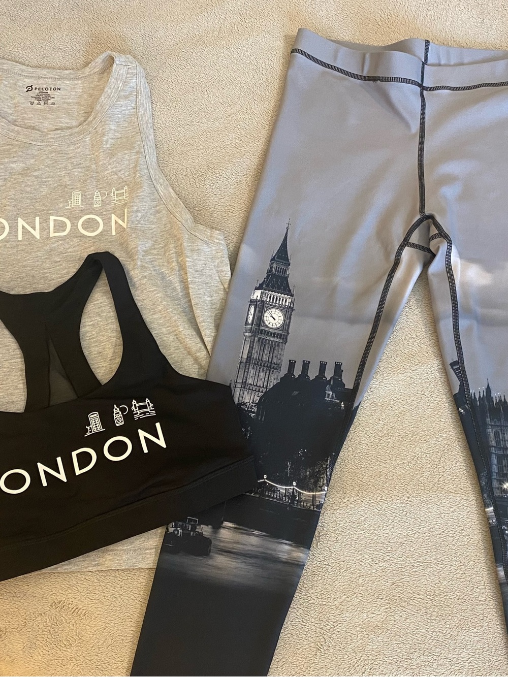 Peloton Black and Gray London Graphic Sports Bra and Leggings Set